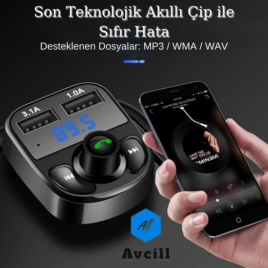 All Avcill Car X8 Araç Fm Transmitter 5.0 Bluetooth Araç Kiti USB Mp3 Sd Kart Çakmaklık Girişli Oto Müzik Çalar