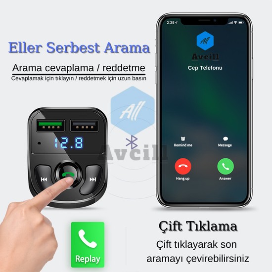 All Avcill Car X8 Araç Fm Transmitter 5.0 Bluetooth Araç Kiti USB Mp3 Sd Kart Çakmaklık Girişli Oto Müzik Çalar