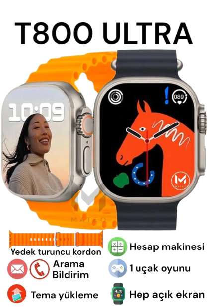 MATEO Watch 8 T800 Ultra 45mm 1.99inç Türkçe Tüm Telfonlarla Uyumlu Gümüş Kasa Akıllı Saat Kordon Hediyeli T800ULTRA45mm