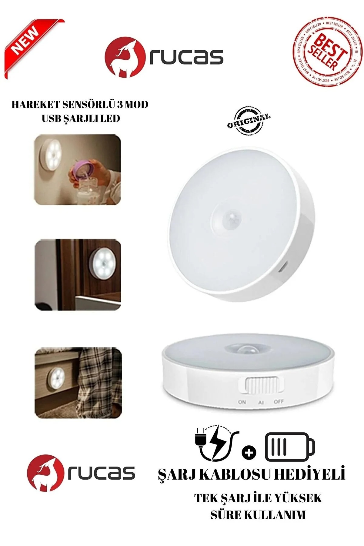 Rucas Hareket Sensörlü Usb Şarjlı Beyaz Led Işık Lamba RUCAS454545544